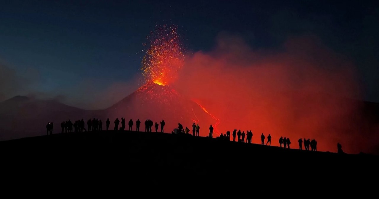 Lava show on the island of Sicily. Etna volcano has erupted again