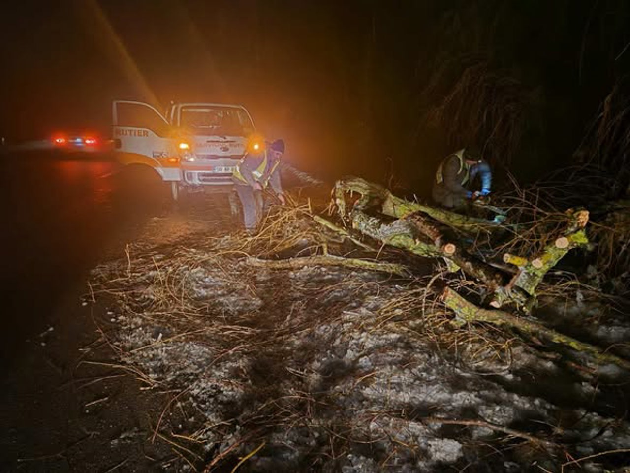 Intervenții nocturne pe șoselele naționale: Drumarii au curățat carosabilul de ghețuș și arbori căzuți