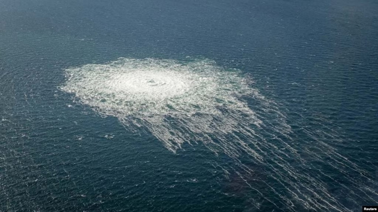 Natural gas bubbles from the Nord Stream 2 pipeline rise to the surface in the Baltic Sea after the explosion two years ago