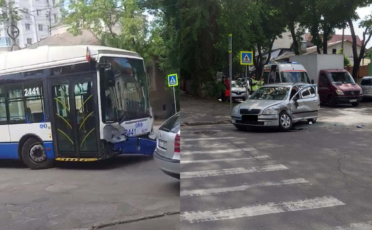 Chișinău: un troleibuz, cu 20 de pasageri la bord, s-a ciocnit cu un automobil. Sunt răniți