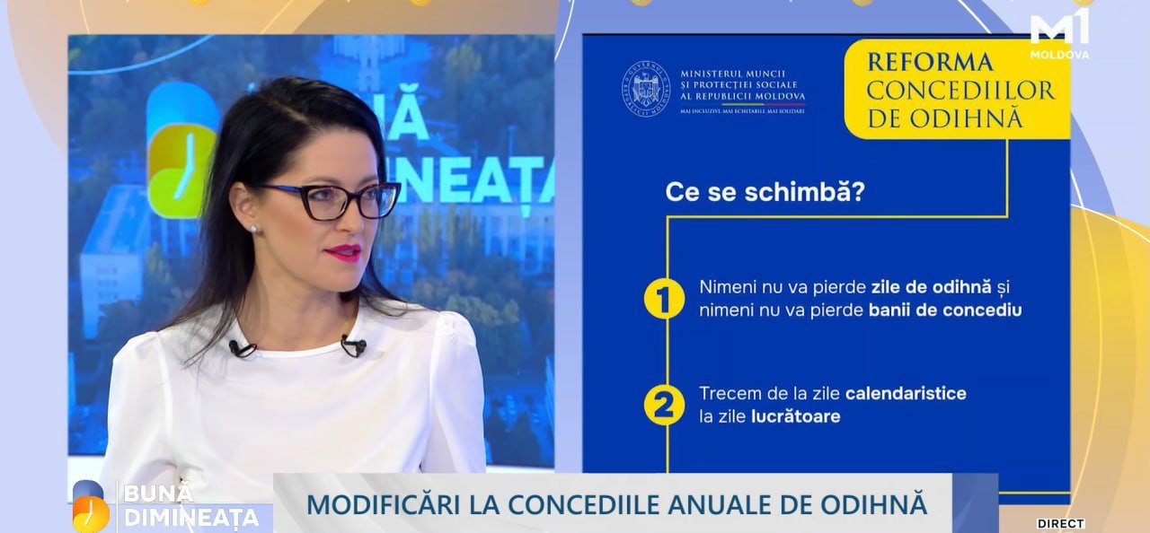 Ministra Natalia Plugaru, la Moldova1: Angajații vor primi aceiași bani pentru 22 de zile de concediu