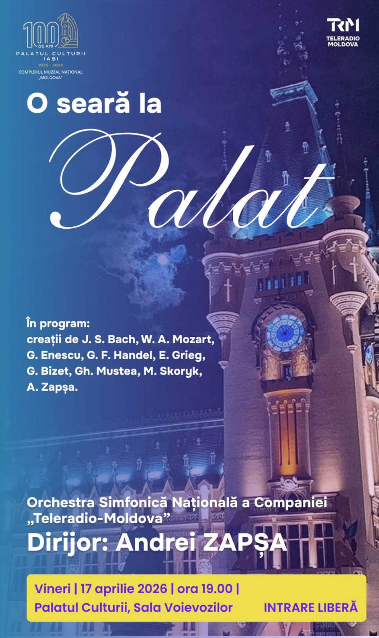 „O seară la Palat”: Orchestra Simfonică Națională a Companiei „Teleradio-Moldova”, concert de excepție la Iași