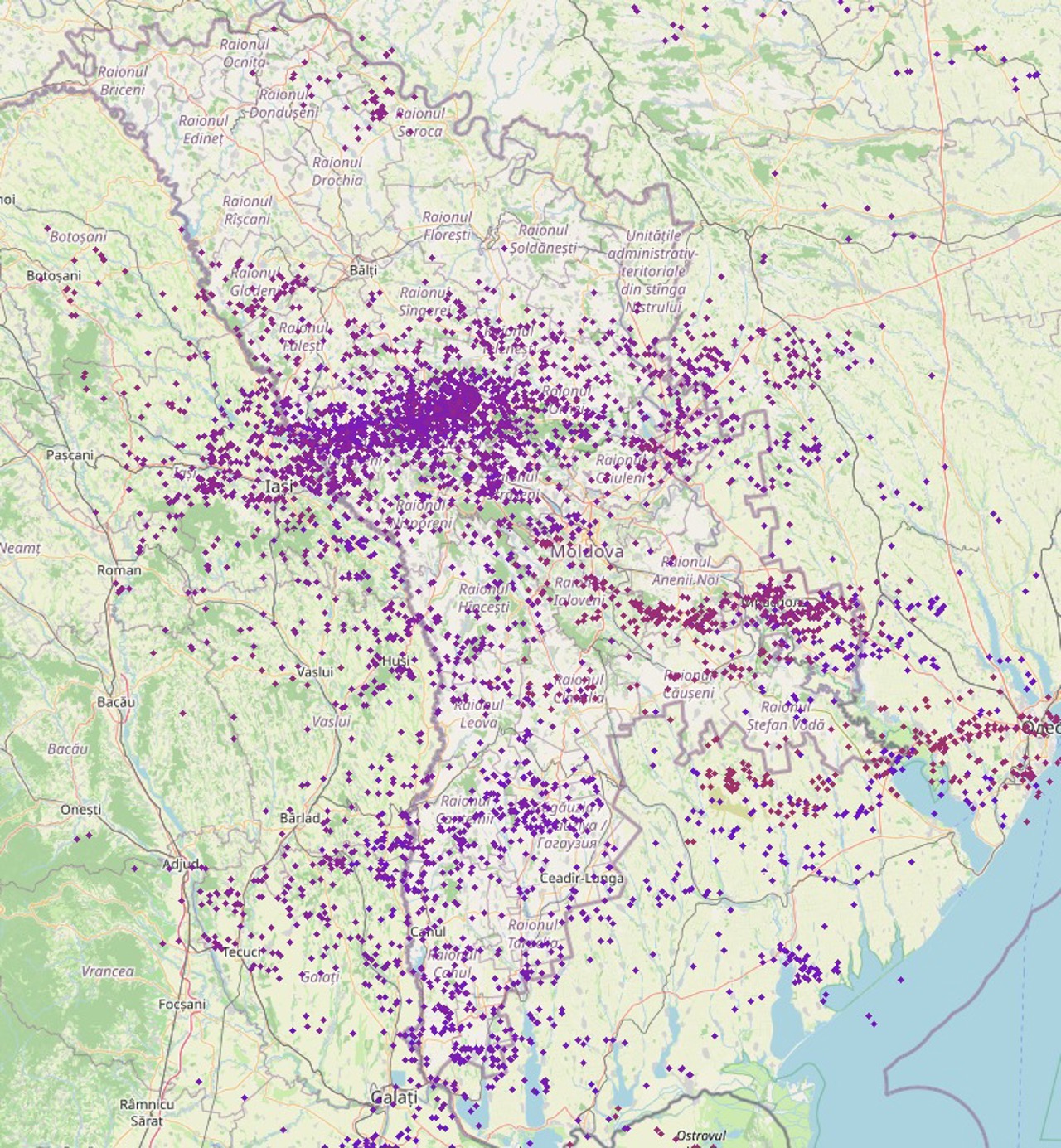 Harta reflectă distribuția descărcărilor electrice înregistrate pe teritoriul Republicii Moldova la data de 22 mai 2026
