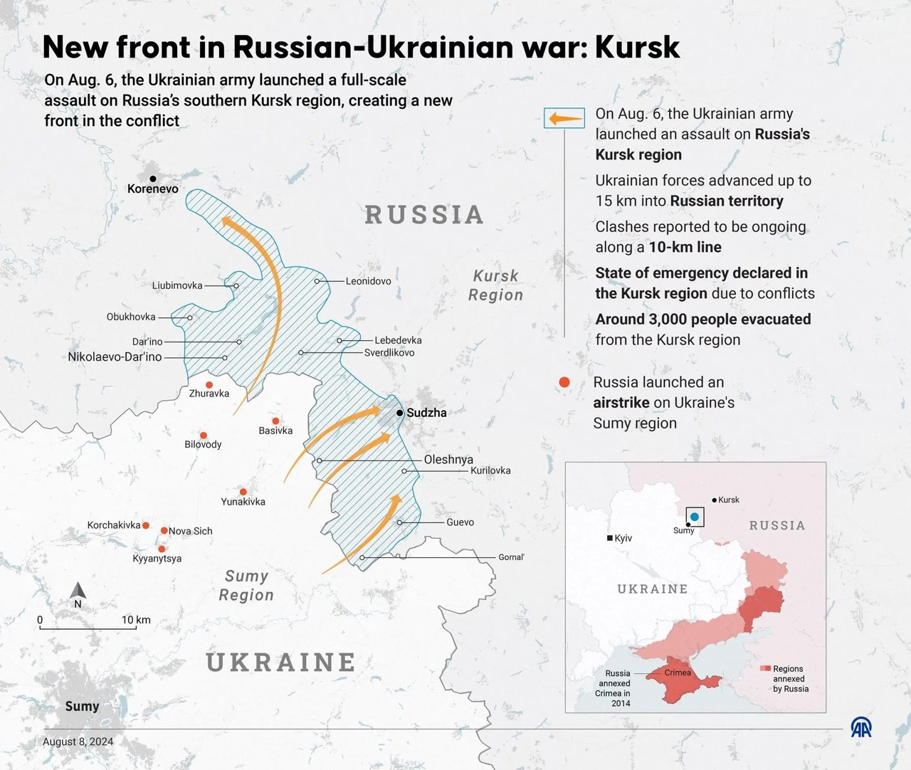 Map of the Ukrainian incursion into the Kursk region of Russia. Source: Murat Usubali / AFP / Profimedia