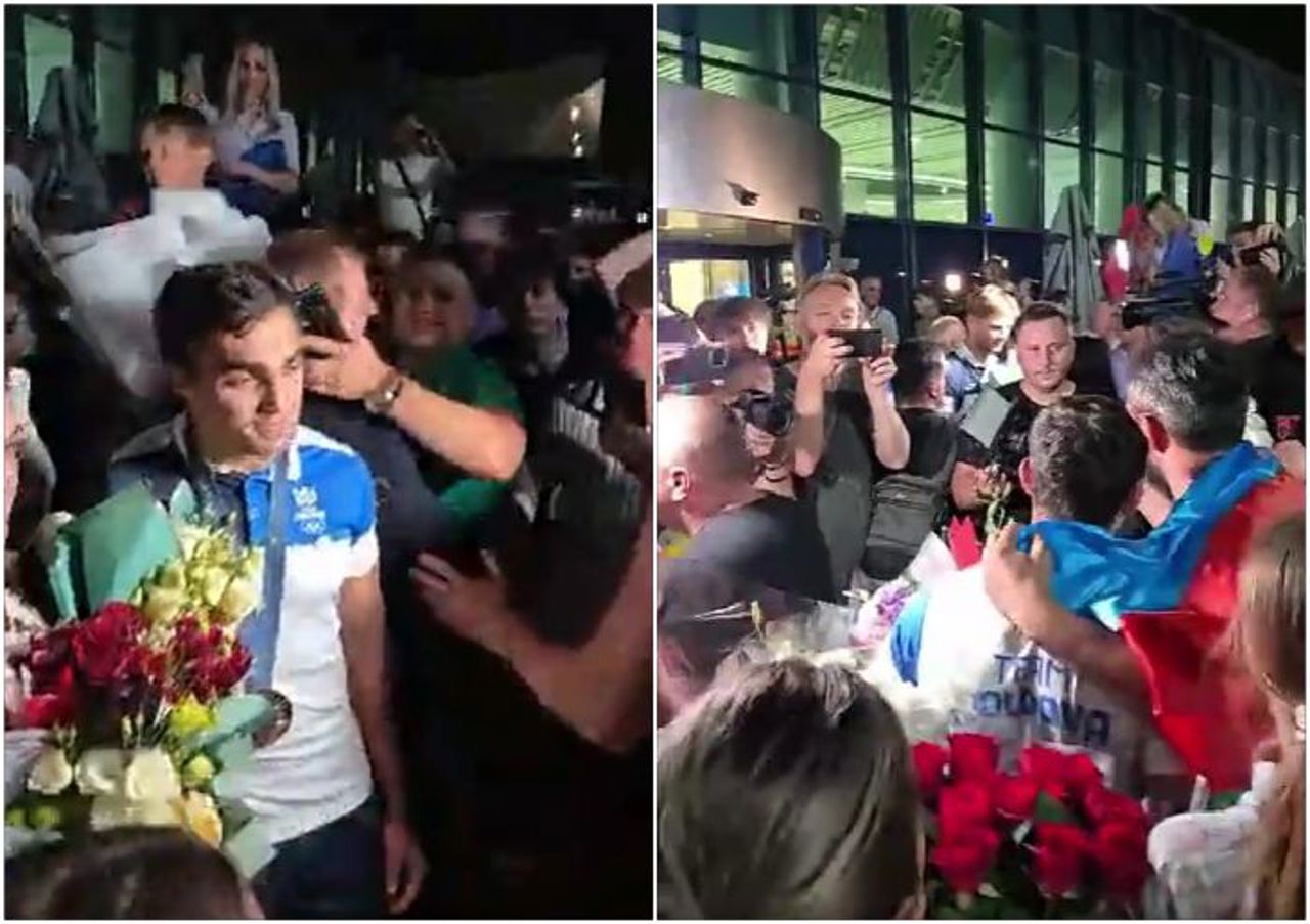 Medaliații olimpici Denis Vieru și Adil Osmanov, întâmpinați cu flori la Aeroport: „Hai, Moldova!”