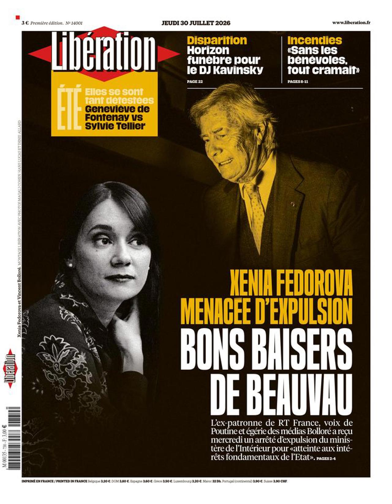 Personajul masculin care îi face față Xeniei Fedorova pe coperta de ieri, joi 30 iulie din cotidianul «Libération» este Vincent Bolloré, miliardarul magnat de presă de extrema-dreaptă care a protejat-o până acum. «Libération» face acolo un joc de cuvinte pe titlul filmului din seria James Bond «Din Rusia, cu dragoste / From Russia with Love», doar că în franceză s-ar traduce «De la Ministerul de Interne, cu dragoste». 
