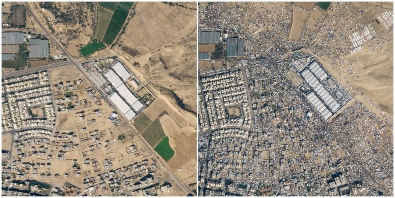 Planet Labs PBC / A composite photo shows satellite images of streets in Rafah before and after the migration of displaced Palestinians to the area. October 15, 2023 (left) and January 14, 2024 (right)