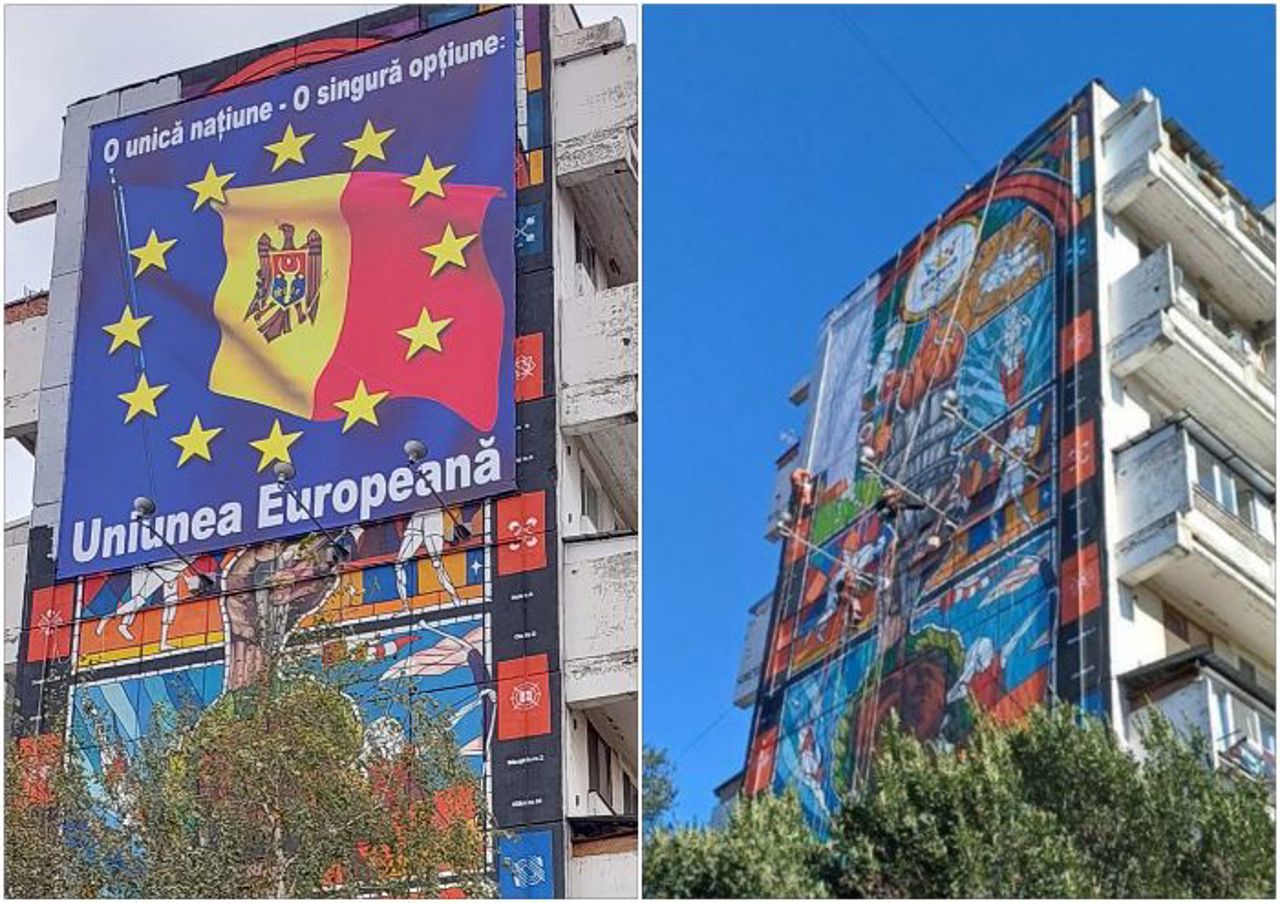 Scandal în centrul capitalei: Pictura murală „Visul Olimpic”, vandalizată și acoperită cu un banner pro-UE. Reacția autorităților