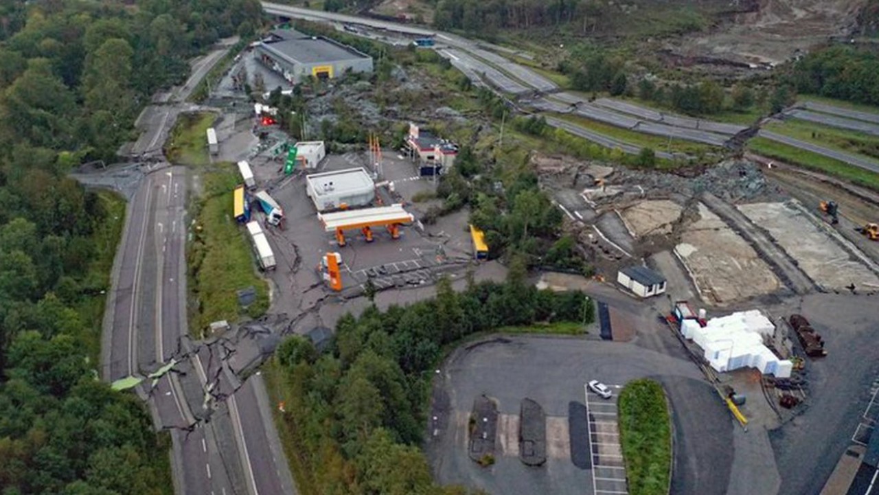 A landslide in Sweden causes a huge sinkhole on a highway