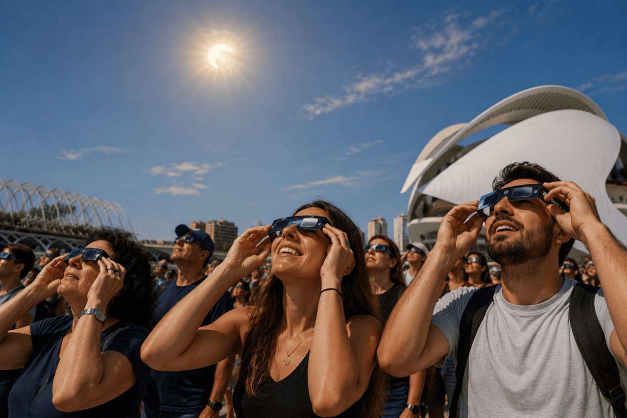 Oamenii urmărind eclipsa de soare din Valencia, Spania
