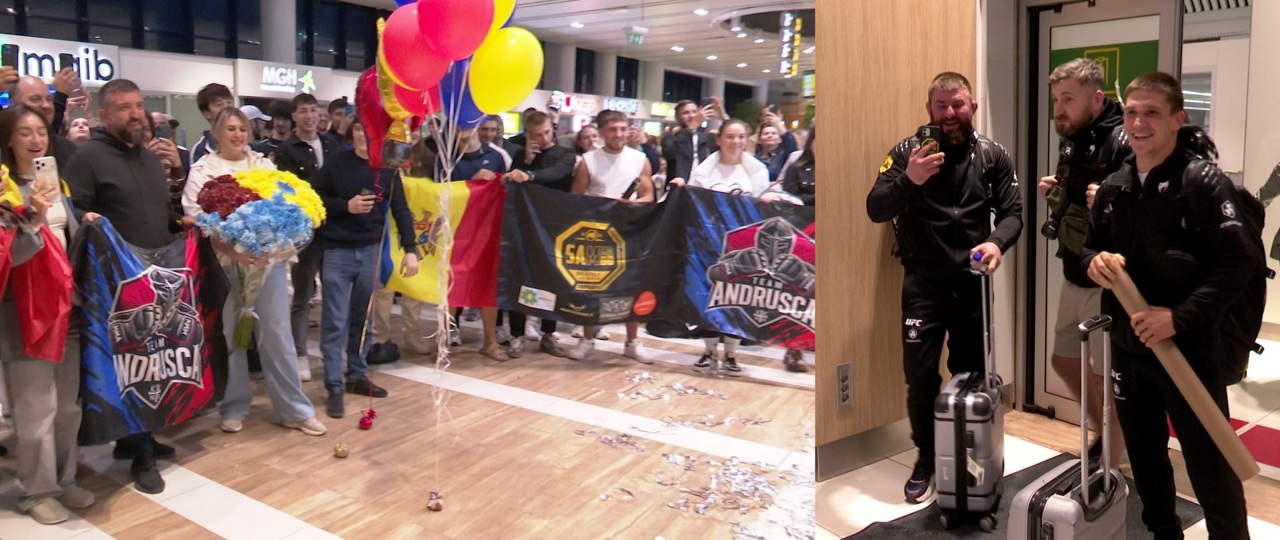 Noul luptător moldovean din UFC, Pavel Andrușca, a fost întâmpinat la aeroport, la miezul nopții, de zeci de oameni - membri ai familiei, prieteni și sportivi